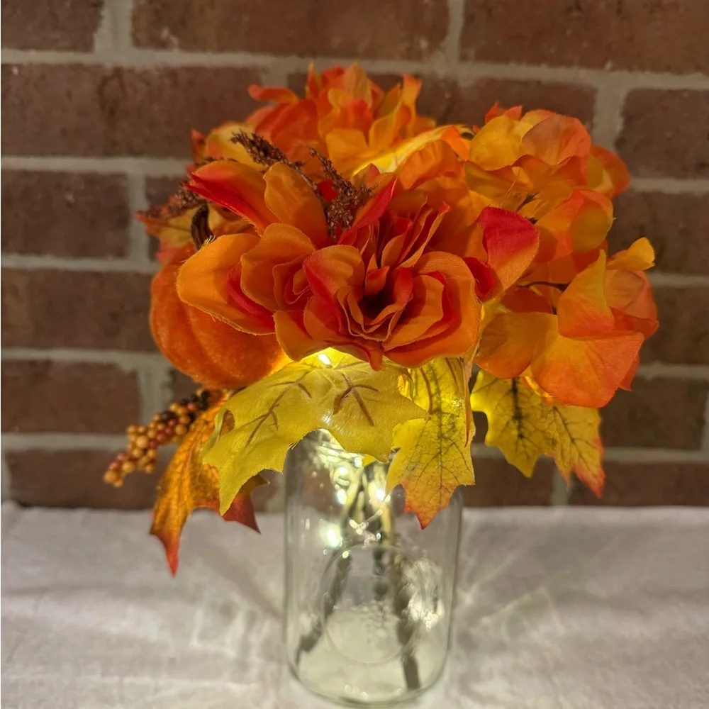 Autumn Floral Arrangement in Mason Jar with LED lights